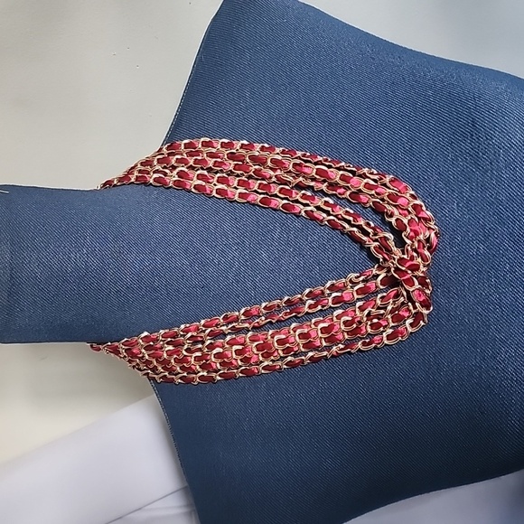 Multi Strand Gold Chain with Red Satin Ribbon Necklace Earrings Set New - Picture 9 of 9